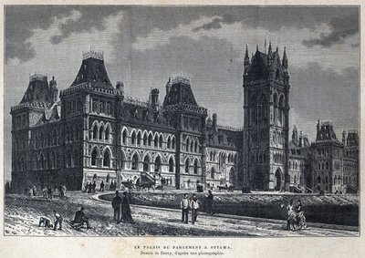 Objevená Kanada: Parlamentní palác v Ottawě. Kresba od Deroye z fotografie. Rytina z konce 19. století v „La nouvelle France“ od Eugena Guenina. od French School