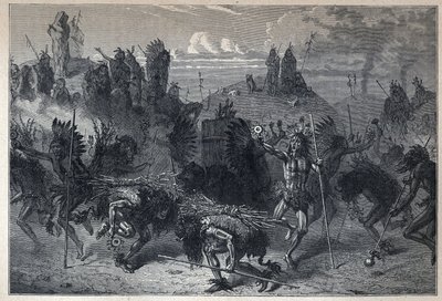 Objevená Kanada: tanec bizonů v Mondanech. Rytina z konce 19. století v „La nouvelle France“ od Eugena Guenina. od French School