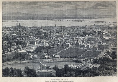 Objevená Kanada: pohled na město Montreal v roce 1875. Kresba Benoista po fotografii. Rytina z konce 19. století v „La nouvelle France“ od Eugena Guenina. od French School