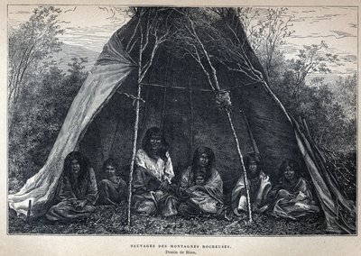 Objeveno z Kanady: Američtí Indiáni žijící ve Skalistých horách. Rytina z konce 19. století v „La nouvelle France“ od Eugena Guenina. od French School