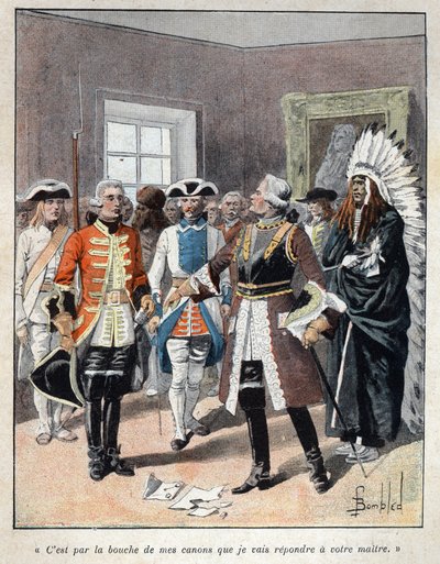 Objeveno z Kanady: Louis de Buade, hrabě z Frontenacu (1622-1698) přijímající vyslance anglického guvernéra kolonie Massachusetts (1651-1695) Williama Phipse a odpověděl mu „“ Ústy mých zbraní jsem odpoví svému pánovi“ od French School