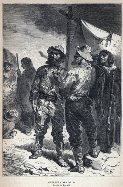 Objeven z Kanady: coureur des bois (zapojený do obchodu s kožešinami s Indiány). Bayardova kresba. Rytina z konce 19. století v „La nouvelle France“ od Eugena Guenina. od French School