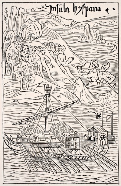 Objev Santo Dominga, Insula Hyspana, Christopherem Columbusem, Faksimile dřevorytiny Epistola Christoferi Colom, z Vědy a literatury ve středověku od Paula Lacroix pub. Londýn 1878 od French School