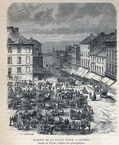 Disouverte du Canada: pochod z horního města (Upper City nebo Upper City) do Quebecu. Kresba Taylorem z fotografie. Rytina z konce 19. století v „La nouvelle France“ od Eugena Guenina. od French School