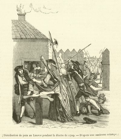 Rozdělování chleba v Louvru během nedostatku potravin v roce 1709 (rytina) od French School