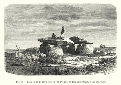 Dolmen of Pennou Kreach, v Plouneour Trez, Finistere, krytý chodník (rytina) od French School