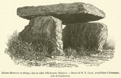 Dolmen objeven v Africe, v údolí El-Arouna, Kabylie (rytina) od French School