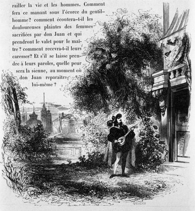 Don Giovanni zpívá serenádu Elvířině komorné, scéna z Dona Giovanniho (rytina) od French School