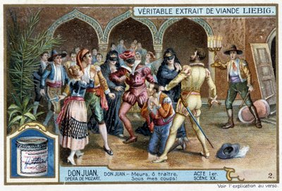 Don Juan: I. dějství, scéna XX, Don Juan na plese v maskách - chromo Liebig od French School