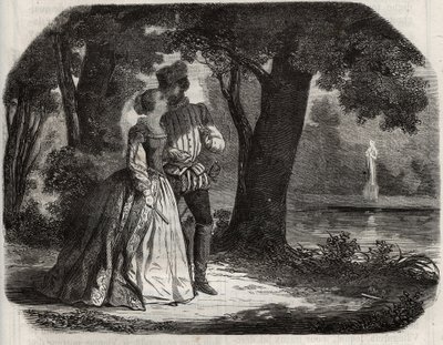 Don Juan jednal s Annou Rakouskou (1549-1580) o svém možném spojení s princem Donem Carlosem (1545-1568), synem španělského krále Filipa II. (1527-1598). Rytina z roku 1871 v „Histoire Des Cocus Celebres““ od Henryho de Kocka (1819-1892). od French School