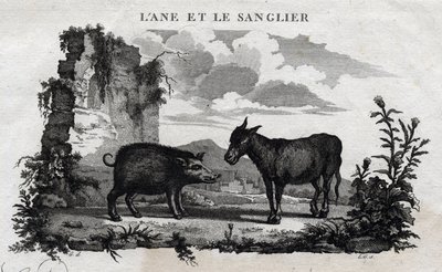 Osel a kanec. Pohádka o Esope. (Řecký spisovatel Esopo nebo Ecopus, 6. století př. n. l.) Napsal Guillaume Montfort a Gravees Beauble v roce 1801. od French School