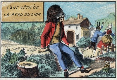 Osel na sobě kůži lva. Bajky Jean de La Fontaine (1621-95). Vyobrazení Epinalu z konce 19. století. od French School
