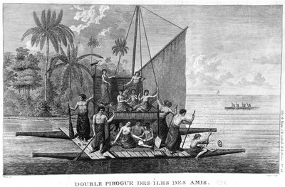 Double Pirogue of the Friendly Islands, ilustrace z Atlas du Voyage a la recherche de La Perouse, 1792 od French School