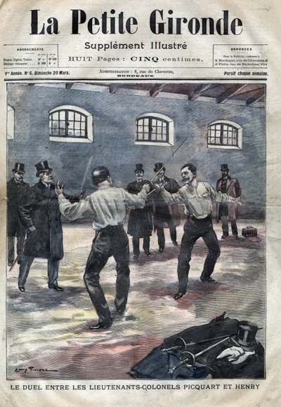 Dreyfusova aféra: souboj mezi podplukovníky Georges Picquartem (1854-1914) a Hubertem Henrym (1846-1898) na vojenské škole v Paříži. Obálka „La petite Gironde“ z března 1898 (rytina) od French School