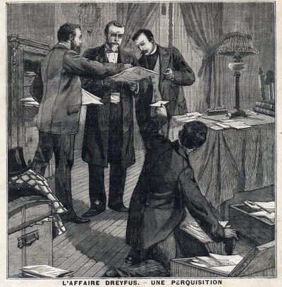 Dreyfusův případ: Tři důstojníci v civilu a policejní komisař provádějí prohlídku domu Georgese Picquarta (1854-1914). V „“Le Peute Parisien““ dne 12.5.1897. Soukromá sbírka od French School