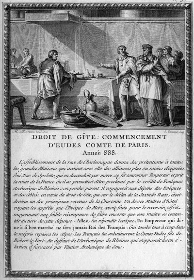 Droit de Gite, počátek Eudes, hrabě z Paříže, rok 888. Král Guy (Gui) III., vévoda ze Spolete (zemř. 894) byl heberger Eveque z Metz pod právem chalupy (právo feodální dává právo pánovi být heberger svým lidem, když se nastěhuje od French School
