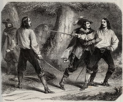 Duel má meč mezi vikomtem z Cahuzacu a markýzem z Gesvres, jehož francouzská královna Anna Rakouská je zamilovaná, v lesích Vincennes. 17. století. Rytina z roku 1871 v „Histoire Des Cocuses Celebres““ od Henryho de Kocka (1819-1892). od French School