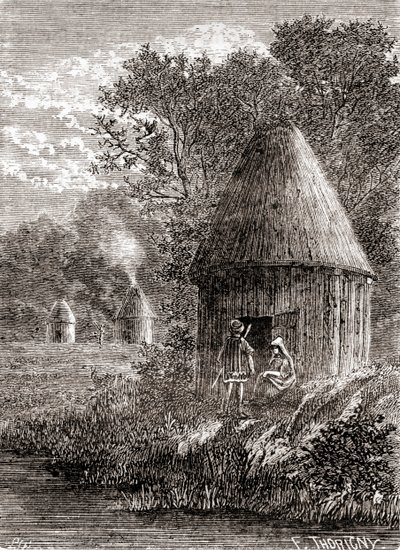 Raně galské domy, kulatý srub s otvorem ve střeše, aby mohl unikat kouř z ohně, z „Les Merveilles de la Science“, publikované kolem roku 1870 (rytina) od French School