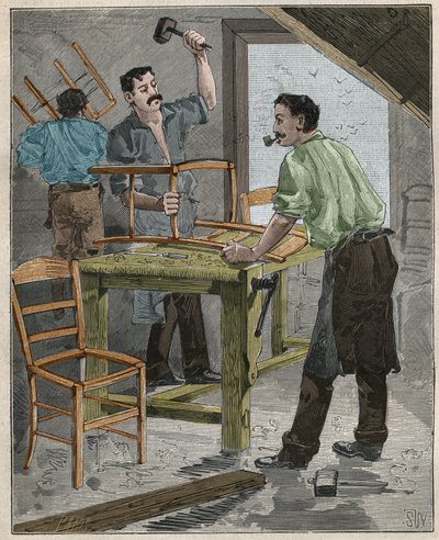 Ebenisterie: montáž židlí v 19. století ve Francii. Rytina z roku 1885 v „“Les arts et metiers illustres““ od Adolphe BITARDA. od French School