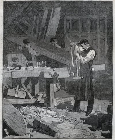 Ebenisterie: ebenistický dělník štípající prkno u zřízení. Rytina z roku 1885 v „“Les arts et metiers illustres““ od Adolphe BITARDA. od French School