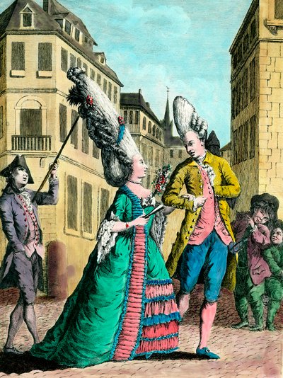 Výstřední účesy v 18. století: Francouzka na procházce. Rytina 18. století. Soukromá sbírka. od French School