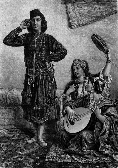Egyptští hudebníci a tanečníci. Muž drží činely mezi prsty. Rytina do „“Le Journal de la jeunesse““ od French School