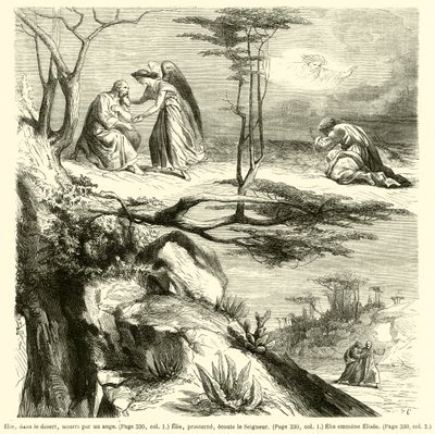 Eliáš na poušti, krmený andělem, Eliáš padá na zem, naslouchá Pánu, Eliáš vede Elisee (rytina) od French School
