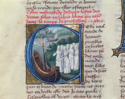 Nalodění Milosrdných sester z pařížského hotelu Dieu, z knihy Le Livre de Vie Active de lHotel Dieu od Jeana Henryho, asi 1482 od French School