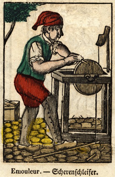 Emouleur (spočívá v ostření předmětů pomocí brusného kotouče); Série o řemeslech, obraz Epinalu z 19. století. od French School