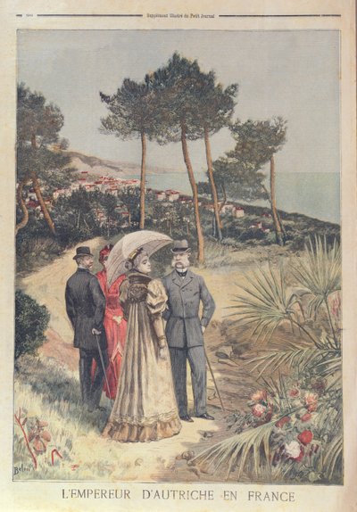 Rakouský císař Franz Josef na dovolené na Francouzské riviéře se svou ženou císařovnou Alžbětou, 1894 (barva litho0 od French School