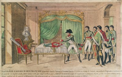 Císař Napoleon I. uvažuje o meči Fridricha Velikého v Postupimi v roce 1806 (barevná rytina) od French School