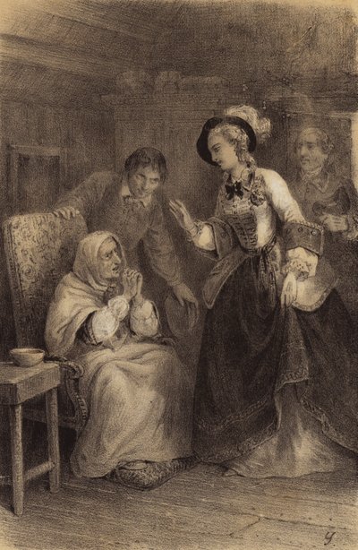 Rakouská císařovna Marie Terezie na návštěvě u chudé ženy v domácnosti (litho) od French School