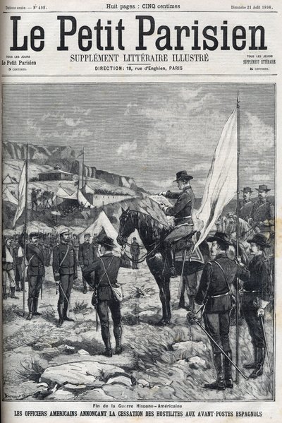 Konec španělsko-americké války (American Hispano) v roce 1898. Američtí důstojníci oznamující zastavení bojů na španělských základnách. Rytina v „Le petit parisien““ z roku 1898. od French School