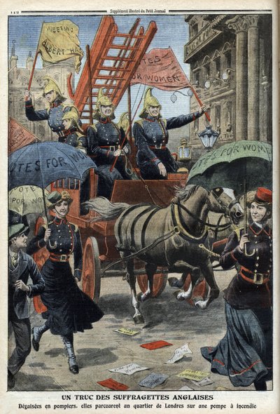 Anglické sufražetky převlečené za hasiče, z „Le Petit Journal“, 3. dubna 1910 (rytina) od French School