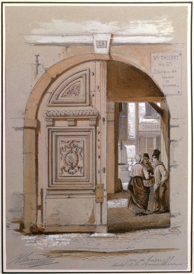 Vchod do hotelu Marquise de Brinvilliers, 28 rue de Bievre, Paříž (křída a kvaš na papíře) od French School