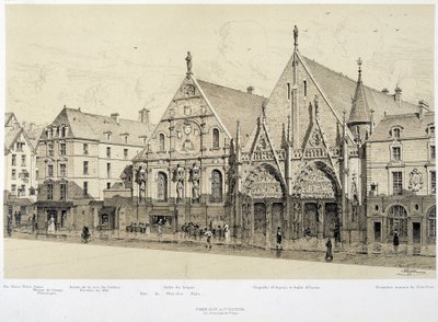 Vchod do Hotel-Dieu (Hotel Dieu), rue du Marche Palu, v roce 1590 - v „Paříži v průběhu věků“, konec 19. století od French School