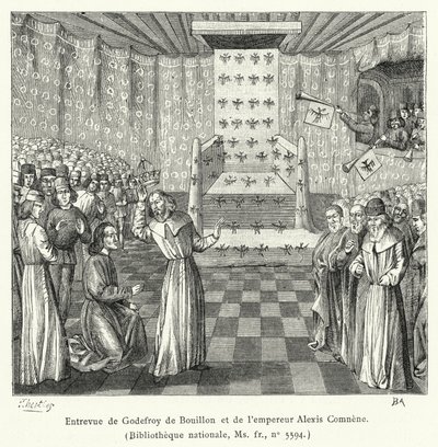 Rozhovor Godefroye de Bouillon a císaře Alexise Comnene (rytina) od French School