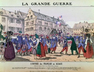 Vstup francouzské armády do Mulhouse v Alsasku, 9. srpna 1914 (barevná litografie) od French School