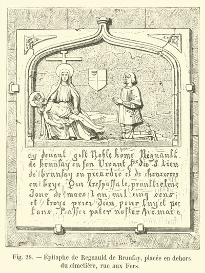 Epitaf Regnaulda de Brunfay, umístěný mimo hřbitov, rue aux Fers od French School