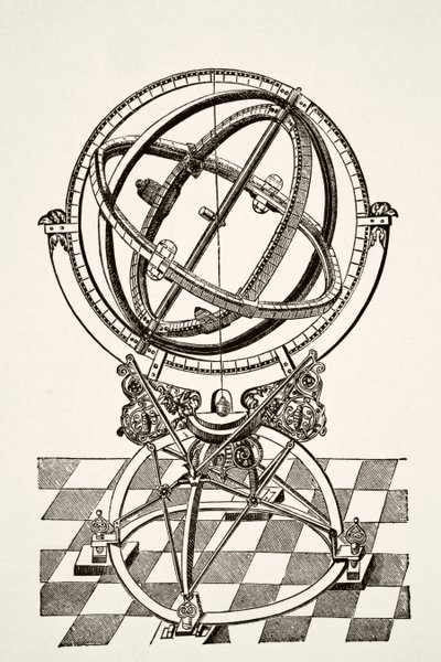 Equatorial Rings or Circles, po mědirytině v knize Tychonis Brahe Astronomiae Instauratae Mechanica z roku 1602, z Science and Literature in The Middle Ages od Paula Lacroix pub. Londýn 1878 od French School