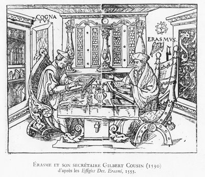 Erasmus a jeho sekretář Gilbert Cousin (dřevořez) od French School