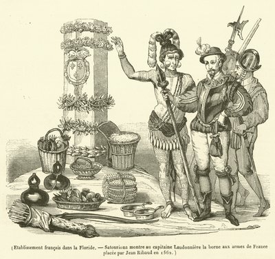 Francouzský podnik na Floridě, Satouriona ukazuje kapitánu Laudonniereovi terminál s rameny Francie umístěný Jeanem Ribaudem v roce 1562 (rytina) od French School