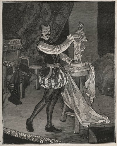 Etienne Marin Melingue (1808-1875), francouzský herec hrající sochaře Benvenuta Celliniho ve filmu Alexandra Dumase pere „Ascanio“, adaptovaný na scénu Paulem Meuricem. Rytina z roku 1880 v „Les arts et professions illustrés““ od Adolpha BITARDA. od French School