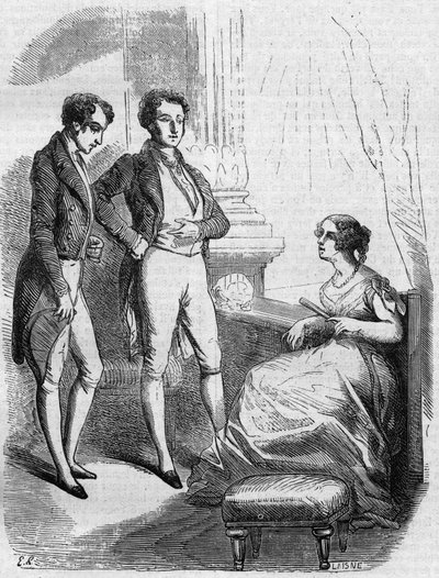 Eugene de Rastignac darovaný madame de Nucingen markýzem z Adjudy. Rytina poloviny 19. století. Ilustrace k „Otec Goriot“ od Honore de Balzac (1799-1850). od French School