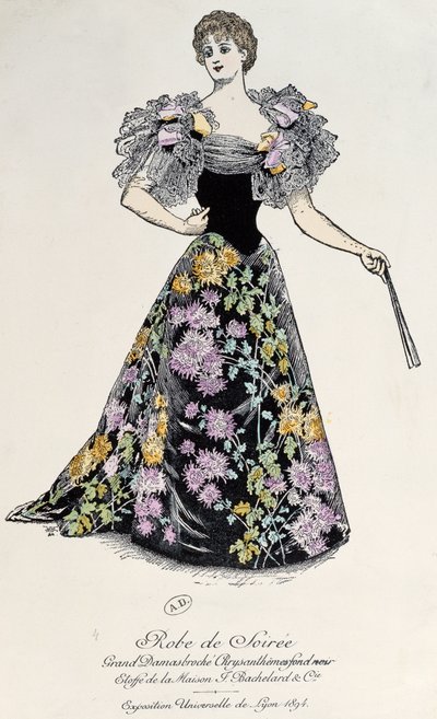 Večerní šaty z damašku s chryzantémovým brokátem na černém pozadí, 1894 od French School