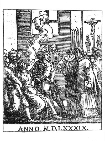 Scéna vymítání v roce 1589 od French School