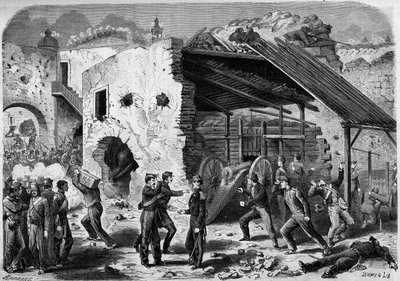 Expedice do Mexika (1861-1867) - obléhání Puebla - 1863: útok na rám (domový blok) francouzskou armádou. Jakmile byli francouzští vojáci uvnitř města, museli bojovat čtvrt po čtvrti. Rytina v ""Svět I od French School