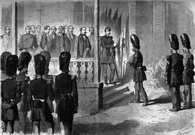 Expedice do Mexika (1861-1867): Napoleon III (1808-1873) má seržanty granátnických pluků gardy vzhledem k vlajkám, které vzala francouzská armáda v Mexiku od French School