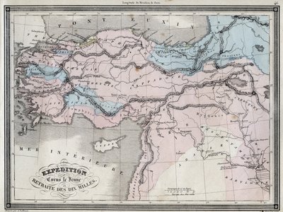 Expedice Cyruse Mladého (5. století př. n. l.) a ústup deseti mil - Deska extrahovaná z ""Univerzálního atlasu starověké a moderní geografie pro obytné školy"" od Vuillemina - ca. 1845 od French School