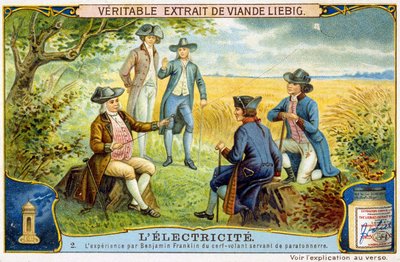 Zkušenost Benjamina Franklina s létajícím jelenem použitým jako hromosvod - reklamní nálepka Liebig od French School